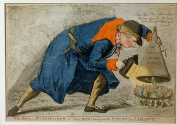 The Royal Gaśnica, czyli Guliwer gasi patriotów z Liliputu, wydana przez S.W. Pożary w 1795 r. (akwaforta ręcznie kolorowana)